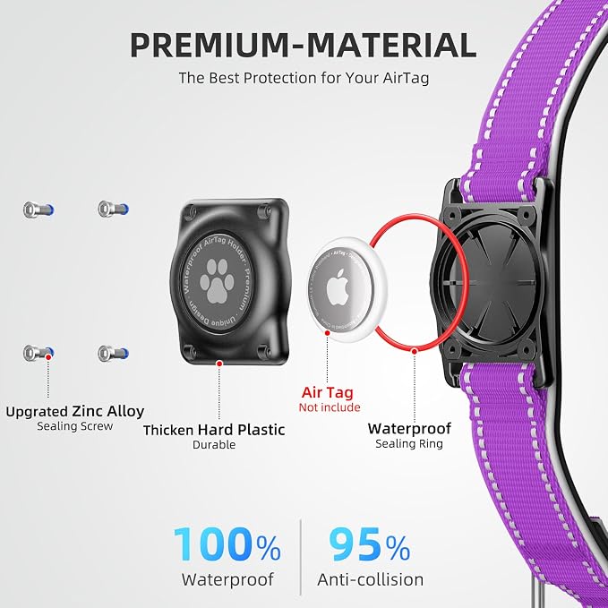 Upgrade Dog Collar with AirTag Holder, IP68 Waterproof, Grape Purple, M | Built-in Water Resistant AirTag holder, 1000D Nylon, Reflective Stitching for Night Visibility, Soft padding for Comfort