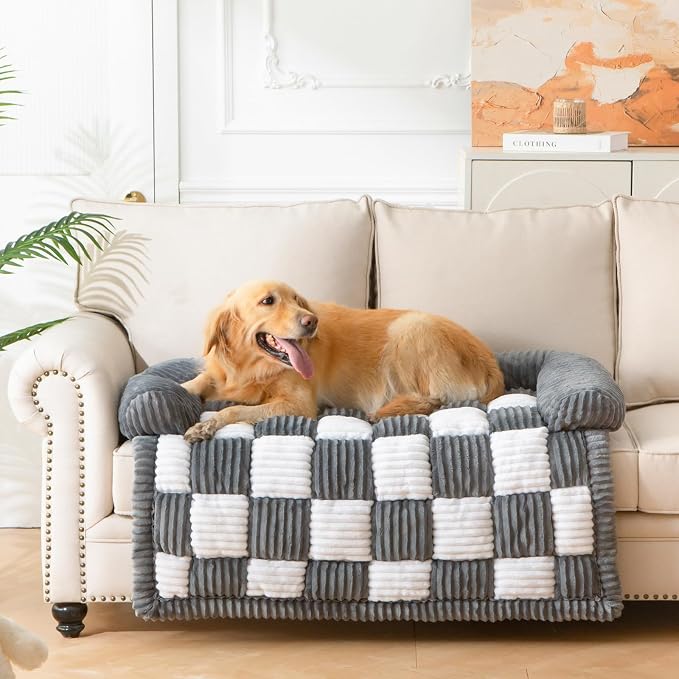 Dog Bed for Couch with Bolster, Comfy Couch Cover for Dogs Washable, Non-Slip Plush Furniture Protector, Calming Fuzzy Lounge Mat, Pet Sofa Accessories (Grey, X-Large)