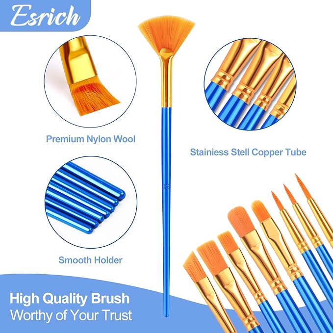 ESRICH Paint Brushes Set,10pack/120pcs Nylon Hair Round-Pointed Tip Acrylic Paint Brush for Watercolor Oil Rock Face Painting,12 Sizes Paint Brush for All Purposes Kids Adult Arts Painting Brush Kits.