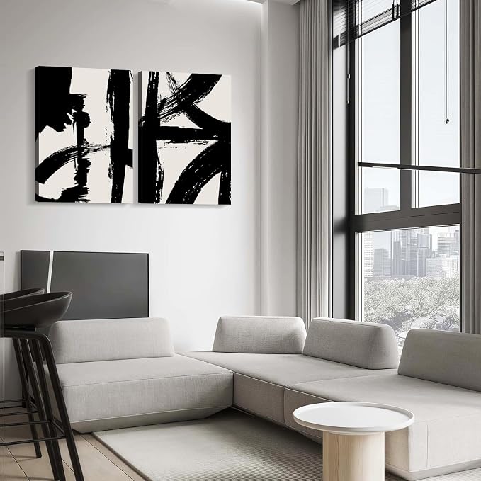 2Pcs Framed Abstract Black and White Canvas Wall Art Minimalist Brushstroke Line Prints Modern Home Gallery Style Painting Posters Picture Bedroom Living Room Office 12x16 Inch Ready to Hang