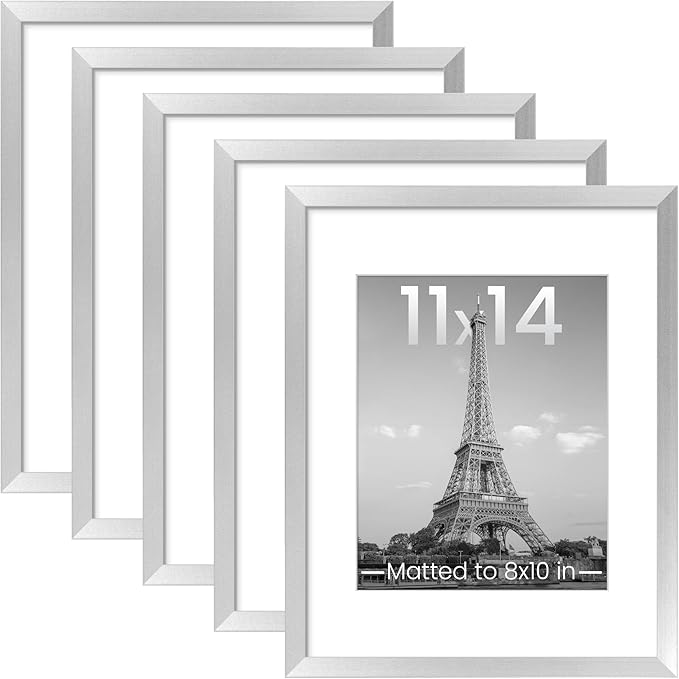 upsimples 11x14 Picture Frame, Gallery Wall Frames Set of 5, Silver | Photo Frame Collage Wall Decor, 11 x 14 Frame, 8x10 Frame with Mat for Family, Baby, Hallway, Diamond, Christmas