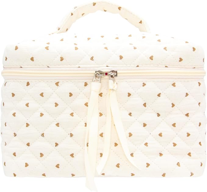 PAZIMIIK Quilted Makeup Bag Large Travel Zipper Soft Cosmetic Case for Women Girls Make Up,Gauze Heart Coffee