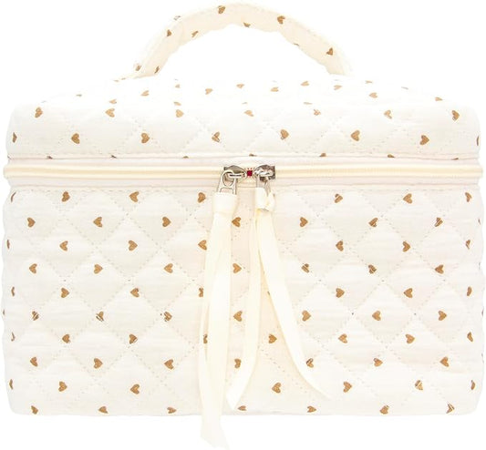 PAZIMIIK Quilted Makeup Bag Large Travel Zipper Soft Cosmetic Case for Women Girls Make Up,Gauze Heart Coffee