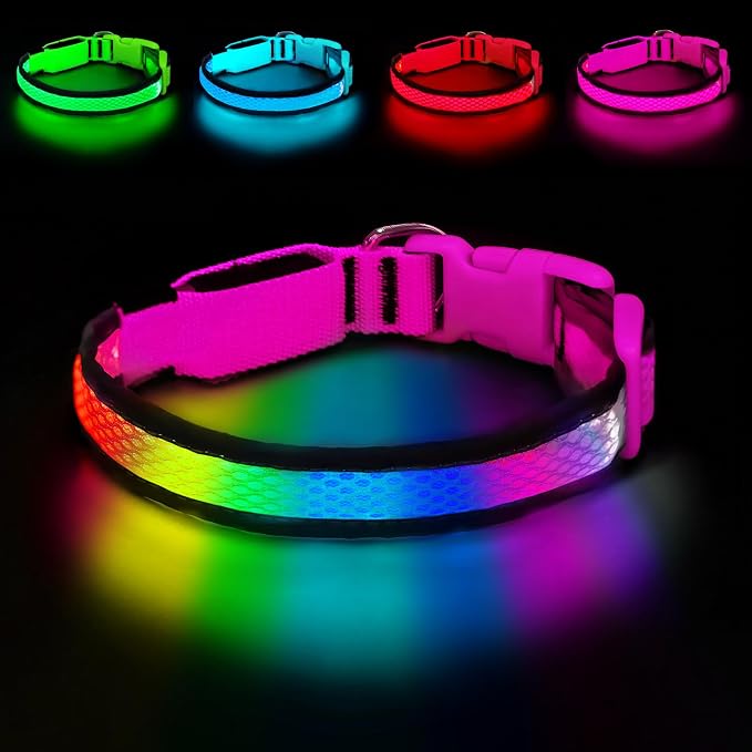 LED Dog Collar, Light Up Dog Collar,for Night Walking(Small,Pink) | Adjustable,Bright RGB 7 Colors Light Glowing Collar,Waterproof,Nylon,Soft,For Small and Medium Dogs,USB C to Charge