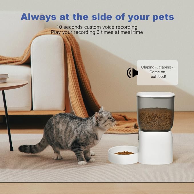 Automatic Cat Feeder, 3L Cat Food Dispenser with 10s Voice Recorder, Pet Feeder up to 8 Meals per Day, Timed Dog Feeder (White-Basic)
