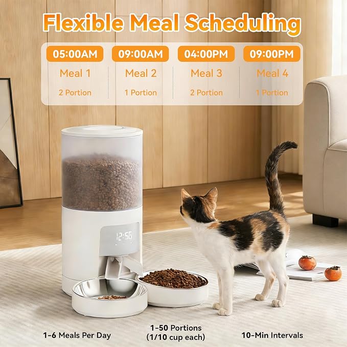 NEWBULIG Automatic Cat Feeder for 2 Cats, 6L Timed Pet Feeders, White | Dual Bowls, 25.3 Cups, 10s Voice Recorder, Dog Food Dispenser for Dry Food, 6 Meals/Day, 50 Portions/Meal, Dual Power Supply
