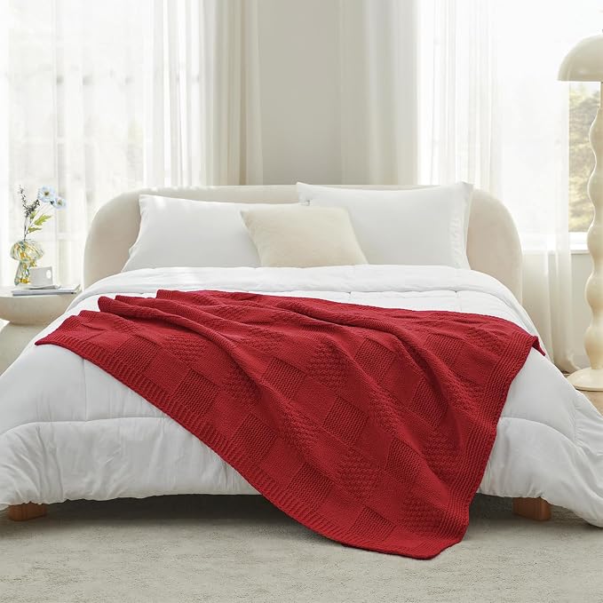 Knit Throw Blanket, Soft Chenille Cozy Breathable Checkered Chunky Decorative Blanket for Couch, Bed & Sofa, French-Inspired Lightweight Warm Gift for Women, Christmas Red, 50"x60"