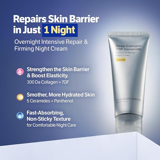 SUNGBOON EDITOR Deep Collagen 7GF Korean Night Cream for Face and Neck | Advanced Skincare Formula & Nighttime Moisturizer | 5 Ceramides & Retinol | Firm-Looking/Barrier-Supporting, 1.69oz