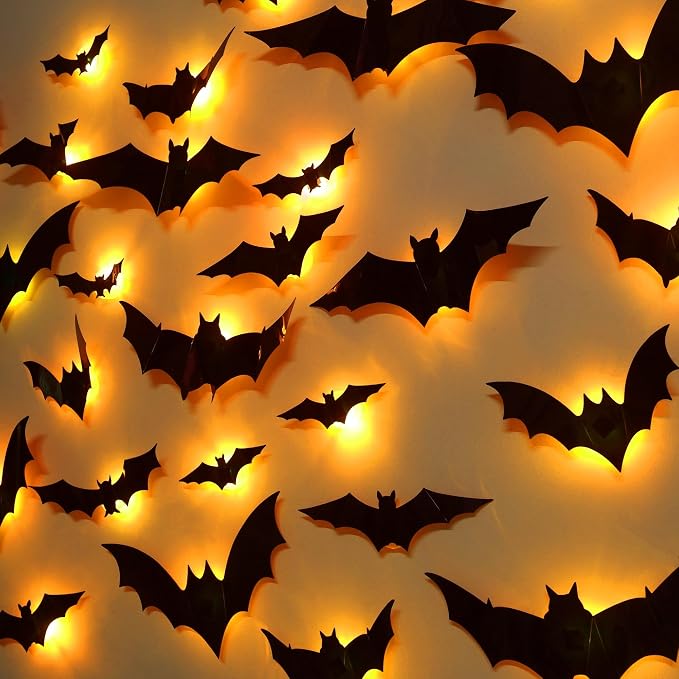 DR.DUDU 36 Pack Light Up Bats Halloween Decorations, Orange | 3D, LED Lights, Wall Decor, Removable Bat Stickers, Indoor Outdoor Window Bathroom Garage Door Home Party Use