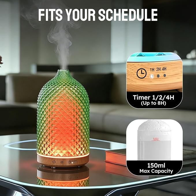 Essential Oil Diffuser, 3D Diamond Glass Aromatherapy Diffuser with Ultrasonic Cool Mist, 7 Color LED Lights, 1/2/4H Timer, Quiet Auto Shut-Off Oil Diffuser for Bedroom, Home, Office (Green)