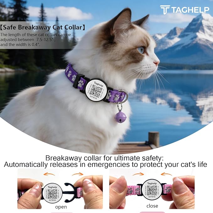 2 Pack Airtag Cat Collar, Breakaway Cat Airtag with Smart ID tag & QR Code Reflective (Star Moon & Paw Pattern - Purple, Collar Only)