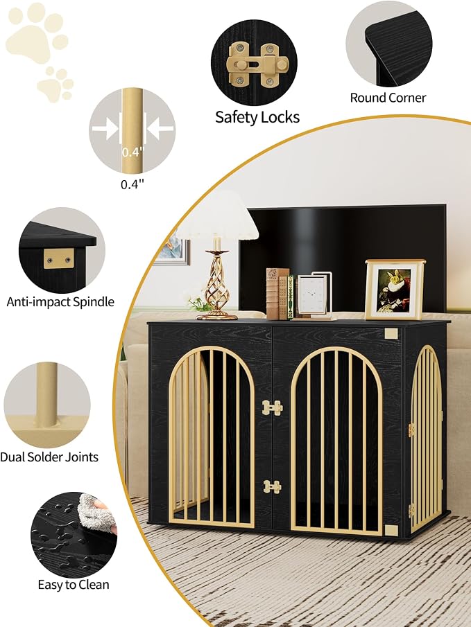 Hzuaneri 44.1'' Dog Crate Furniture,Dog Kennel Indoor for Medium/Large Dogs | Dog Kennel Furniture Wooden Dog Cage Heavy Duty Dog Crate Decorative Pet House End Side Table TV Stand,Black Gold DFC83904A