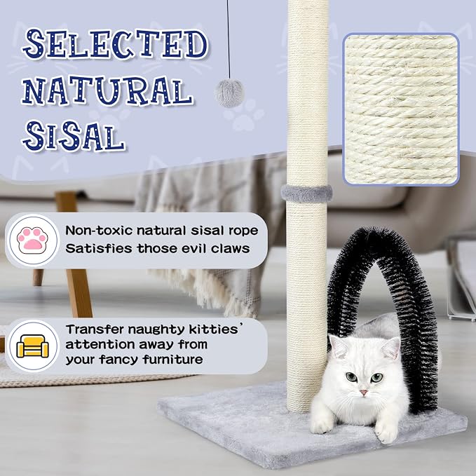 ANWA 32" Tall Cat Scratching Post with Arch Groomer, Natural Sisal, Gray | Natural Sisal Post for Indoor Cats Adults, Stable Cat Post with Plush Toys, Self-grooming Brush, Cat Furniture, Small Space