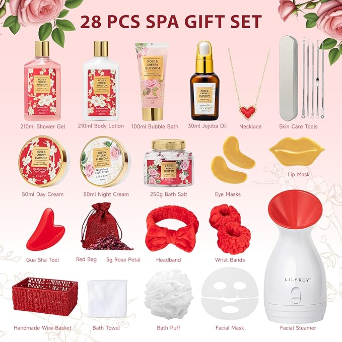 Mothers Day Gifts for Women - 27 Pcs Bath and Body Gifts Basket Set, Rose Spa Gifts Set Skin Care Set for Women, Gift Baskets Set for Mom | Gifts for Birthday, Christmas Gift, Valentines Day Gift
