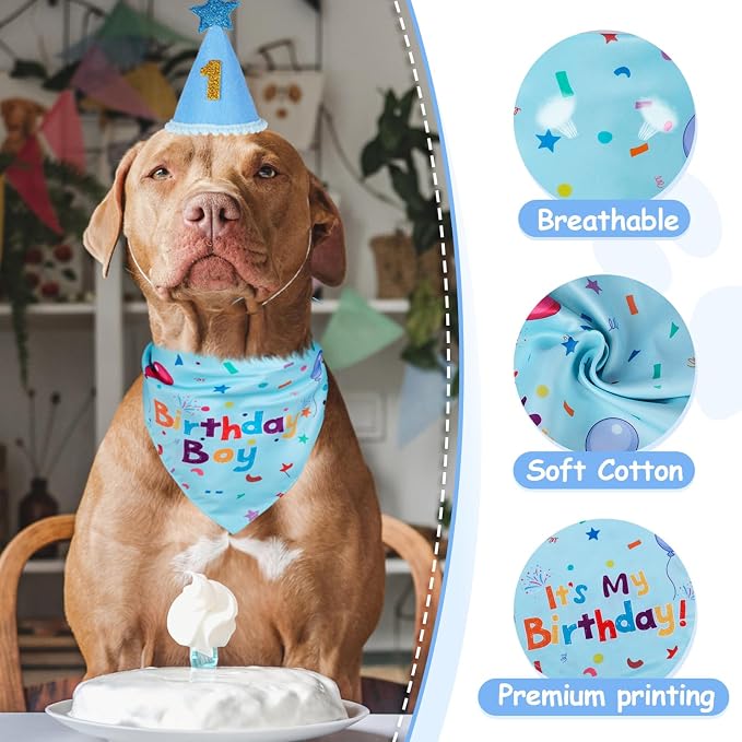 Dog Boy Birthday Party Hat,Dog Birthday Party Supplies,Dog Bandana | Dog Birthday Bandana Set with Numbers for Gaint and Extra Large Dogs (Blue),Dog Birthday Decorations,Dog Birthday Hat