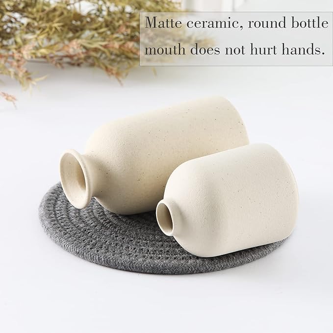 CEMABT Beige Ceramic vase Set-3 Small Flower vases for Decor,Modern Boho Farmhouse Home Decor,Decorative vase for Pampas Grass&Dried Flowers,idea Shelf,Table,Bookshelf ，Entryway- Distressed