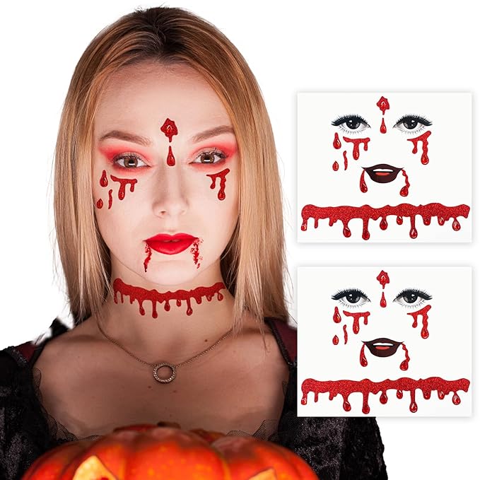 Vampire Face Jewels Face Gems Jewel Halloween Stick On Blood Costume Crystal Bleeding Face Gems, Scar Tatoo Fake Red Blood Gem Tattoo Stick on, 2-Pack