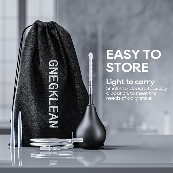 GNEGKLEAN Black Silicone Enema Bulb Kit 7.6oz Clean Anal Douche for Men Women with 19.7in Hose+4 Replaceable Nozzle (Black)