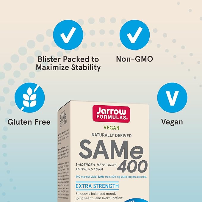 Jarrow Formulas Same 400 mg - 60 Tablets - Highest Concentration of Active S,S Form - Supports Joint Health, Liver Function, Brain Metabolism, Mood & Antioxidant Defense - 60 Servings