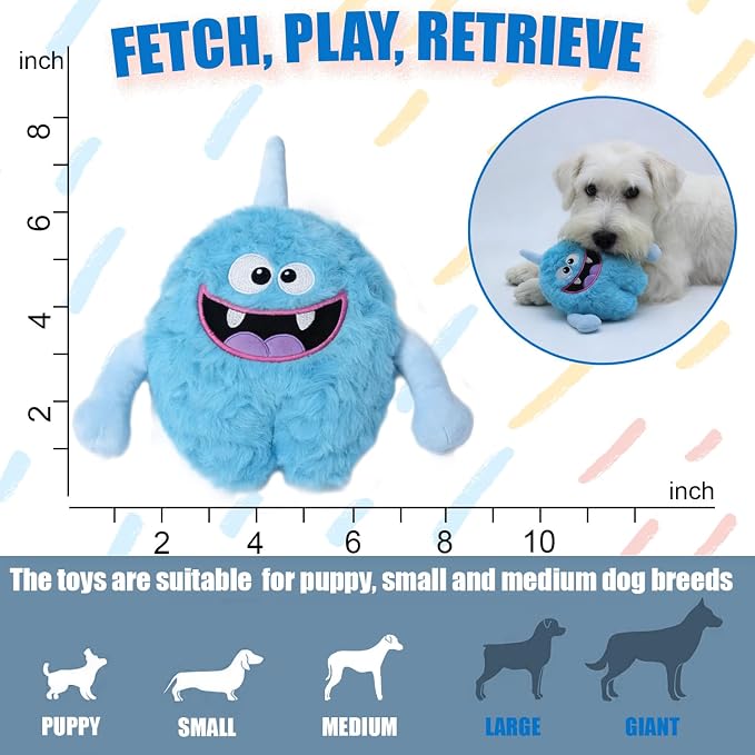 Monster Stuffed Squeaky Dog Toy, Crinkle Dog Plush Toy, Light Blue | Soft Lightweight Toy for Fetch and Chew, Interactive Outdoor Indoor Play for Tug, Birthday Gift, For Puppy Small Medium Dog