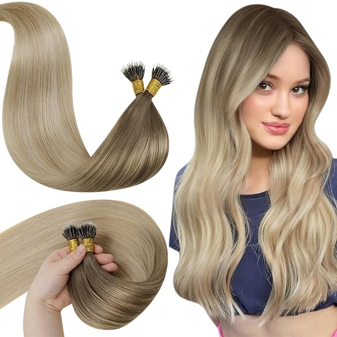 LaaVoo Nano Bead Human Hair Extensions Ombre Light Brown to Ash Blonde with Platinum Blonde Nano Hair Extensions Human Hair Silky Straight 22 Inch 50g/s