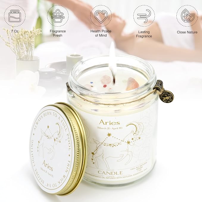 Aries Gifts for Women,Zodiac Sign Aries Candles, Astrology Gift Crystal Candles, Scented Candles Gifts for Women Mom Sister Daughter Birthday Mother's Day Gift (Aries)