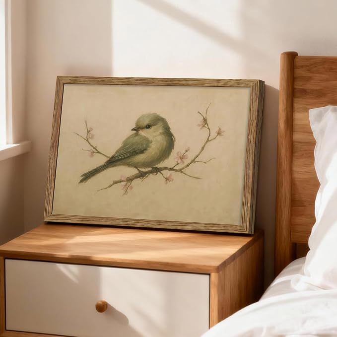Vintage Bird Wall Art, Cherry Blossom Spring Pictures Canvas Wall Decor, Rustic Farmhouse Bird Animal Artwork Print Poster for Living Room Bedroom Bathroom 12x16 Inch Framed