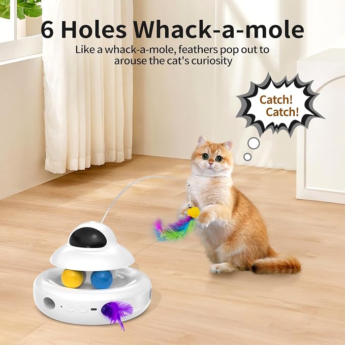 MOHAYA Cat Toys，4-in-1 Interactive Cat Toy for Indoor Cats with Laser, Fluttering Butterfly, Moving Feather and Track Balls - USB Rechargeable Self-Play Kitten Toy (White)