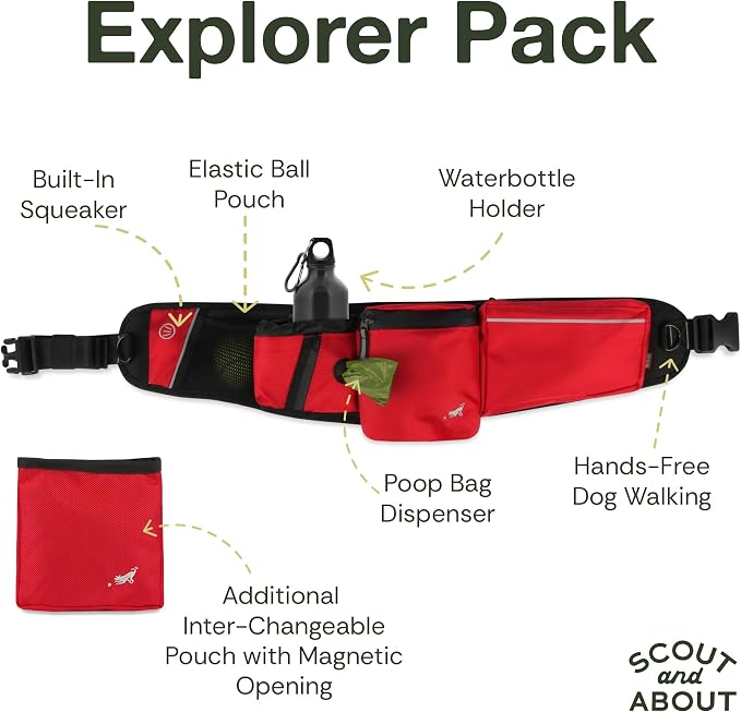 P.L.A.Y. Explorer Pack All-in-One Dog Walking Belt Bag with Zipper Pockets, Water Bottle Holder, Treat Pouch, Poop Bag Holder/Dispenser, Ball Pouch - Attaches to Leash for Hands-free Walking (Lava)