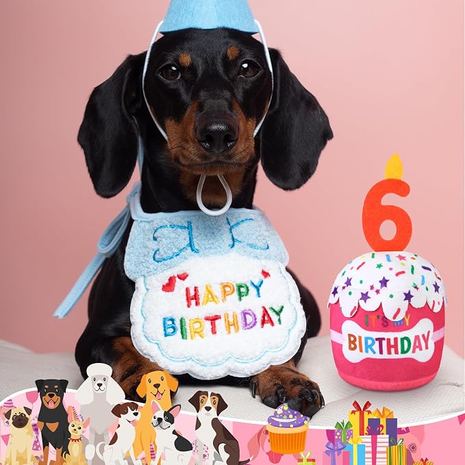 Dansydaisy Dog Birthday Cake Toy Squeaky Plush Gift,6th,Pink