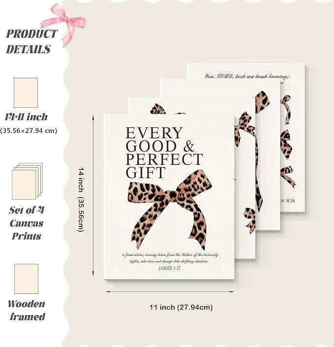 LARTSFRO Coquette Leopard Bow Christian Canvas Wall Art Decor Posters Prints, Y2K Cheetah Leopard Bow Room Bedroom Bathroom Dorm Wall Art Decor Aesthetic for College Teen Girls Gifts, Inspirational Bible Verses Bow Wall Decor, 11x14 Inch Set of 4 Pcs C...