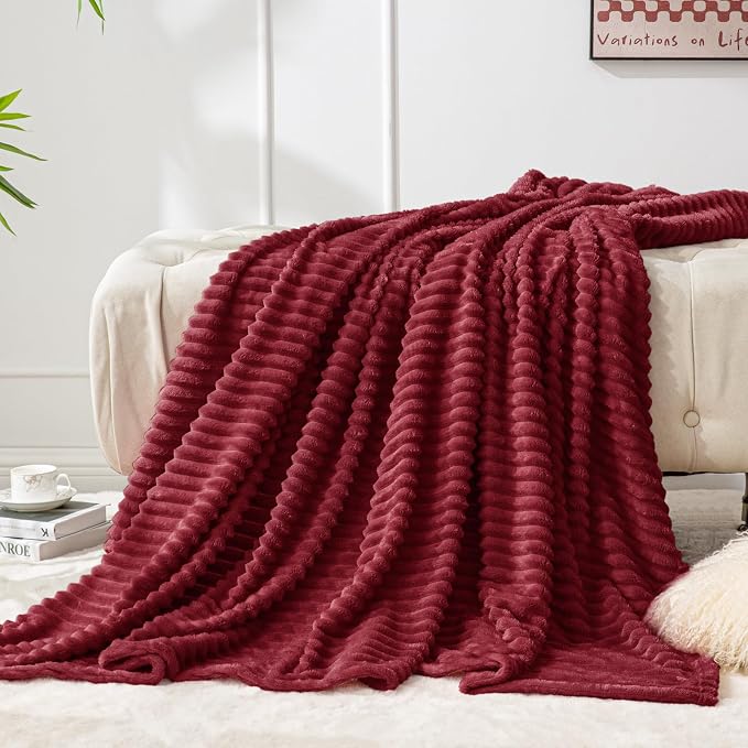 BEDELITE 3D Ribbed Burgundy Fleece Throw Blanket for Couch, 50x60 Inch | Soft Warm Decorative Fluffy Blanket, Cozy Plush Lightweight Fuzzy Throw Blanket for Bed Sofa Home Room Decor, Gift for Women