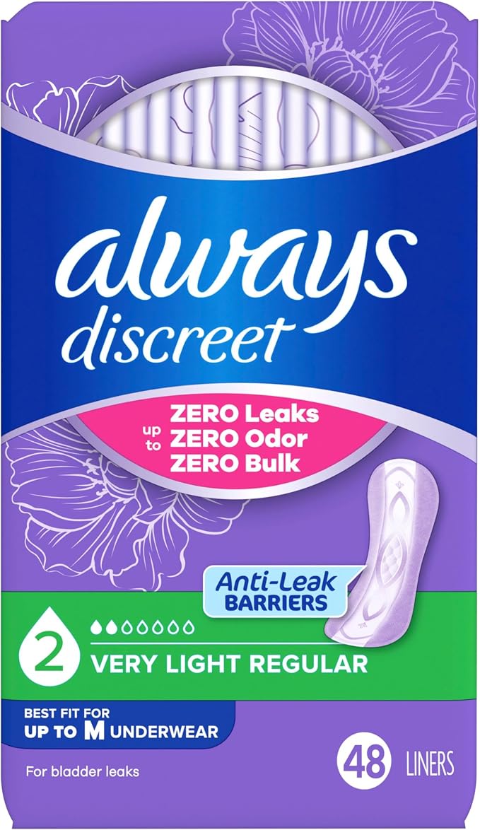 Always Discreet Incontinence Panty Liners for Women with Bladder Leaks, Size 2, Very Light Absorbency, Regular Length, Up to 100% Bladder Leak Protection 48 CT