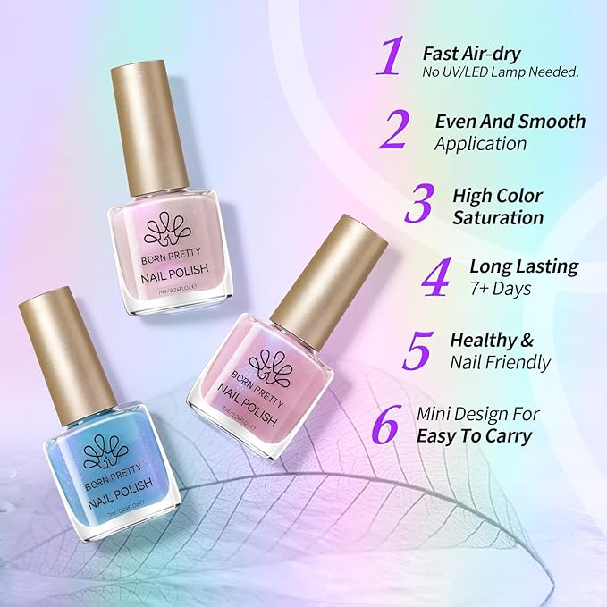 Born Pretty Pearl Nail Polish Set, 6 Colors Ombre Pearl Shimmer White Pink Purple Mermaid Nail Polish Quick Dry Spring Summer Finger Shell Glitter Nail Lacquer Set
