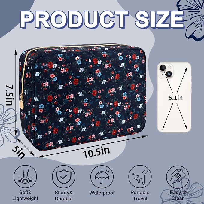 UIXIZQ Waterproof Large Floral Makeup Pouch,Nylon Travel Toiletry Storage Purse Preppy Cosmetic Bag for Women Girl,Large Capacity Makeup Organizer Zipper Pouch for Work(L Black-Flowers)