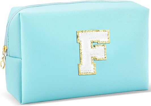URSKYTOUS Gifts for Girls Initial Makeup Bag Personalized Cosmetic Bag with Zipper Cute Travel Toiletry Bag Waterproof PU Preppy Makeup Pouch Birthday Gift for Teen Girls Women(Blue F)