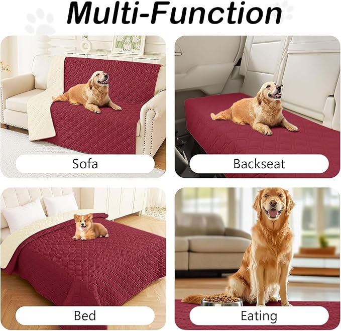 Waterproof Dog Bed Blanket - Soft Pet Blanket & Sofa Cover for Dogs | Reversible Washable Furniture Protector, Couch Covers for Pets (40x70 Inch, Wine Red/Beige)