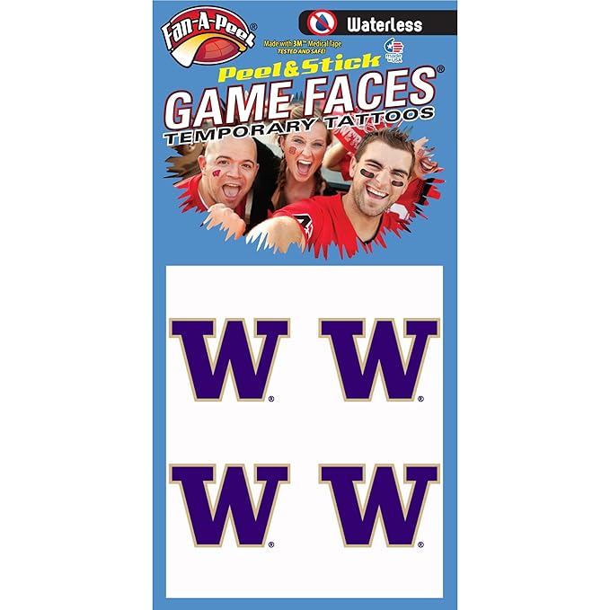 Fan-A-Peel Washington Waterless Temporary Tattoos - Hypoallergenic Peel and Stick Waterproof Temporary Tattoos - Officially Licensed