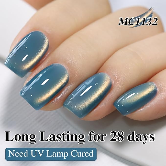Double Rhythm 15ML Ice Glass Cat Eye Gel Polish with Magnet Holographic Glitter Shimmer Translucent Sheer Color Salon Soak Off Magnetic Nail at Home (SKy Teal-MC1132)