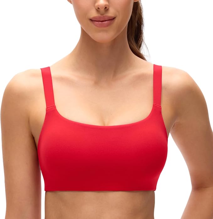 CRZ YOGA Butterluxe Adjustable Wide Strap Sports Bras for Women - Square Back Padded Scoop Neck Yoga Top