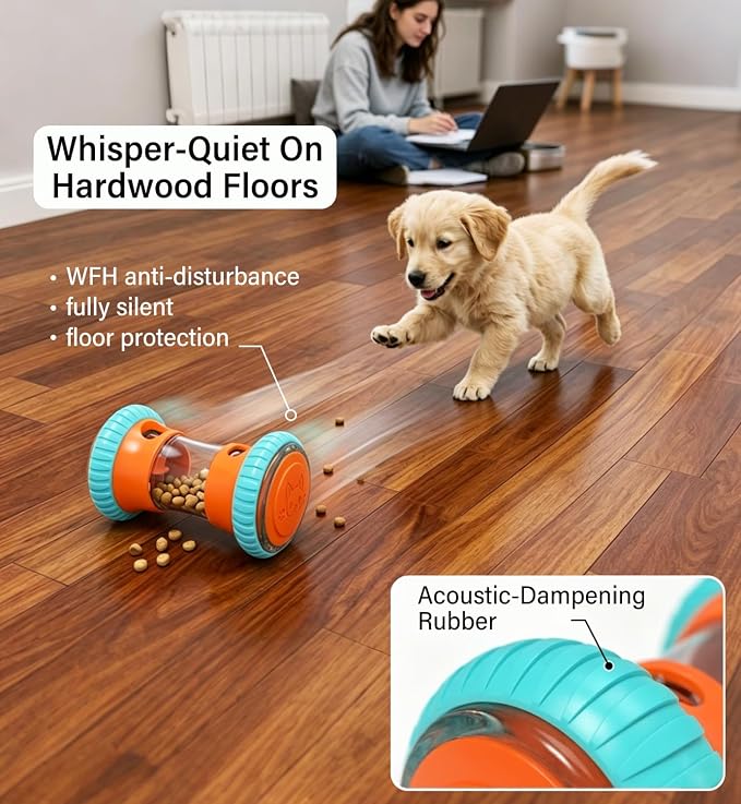 Dog Slow Feeder Toy & Enrichment Puzzle, Interactive Treat Dispenser for All Breeds, Freeze-Dried Compatible Dual Port, Quiet Rubber Wheels, Dishwasher Safe, Boredom & Anxiety Relief