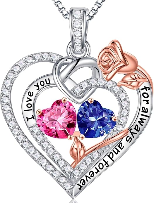 Iefil Valentines Day Gifts for Her Wife - 925 Sterling Silver Double Birthstone Necklace, Anniversary Birthday Gifts for Women, Jewelry Gift for Wife Girlfriend Mom Her