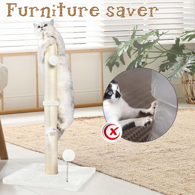 ANWA 32" Tall Sisal Cat Scratching Posts Tree for Indoor Cats Adults, White | Sisal Cat Scratcher, Small Space, Cat Post with Dangling Plush Toys for Indoor Cats, 15.7" Stable Base, Cat Furniture