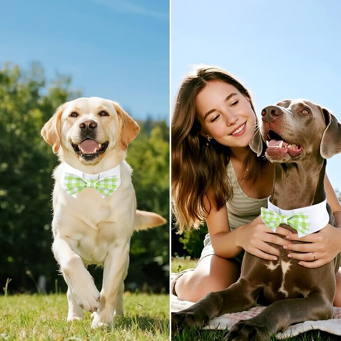 Segarty Dog Bow Tie for Neck Girths 12.6-15.7 inch, Adjustable Green Plaid Bowtie Collar for Dogs, Pet Neck Tie Tuxedo Comfortable Cotton Pets Grooming Accessories for Wedding Holiday Birthday Party