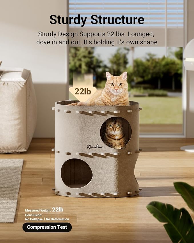 DownyPaws Cat House for Indoor Cats, 2-Storey Cat Bed Cave, Cream | Cat Hideaway Enclosed Bed,Cave Hideout Fort,Kitten Houses for Large Cats,Hide Box Bed Multicats Scratch Resistant