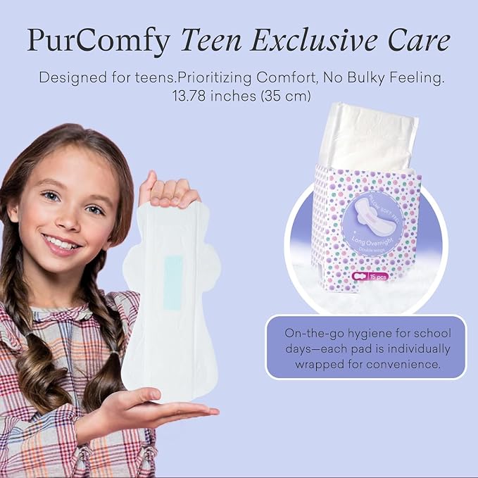 PurComfy Teens Maxi Period Pads with Wings for Tweens, Organic Cotton Sanitary Pads for Teens Girls 9-14, Long Overnight Size, 90 CT (Pack of 2)