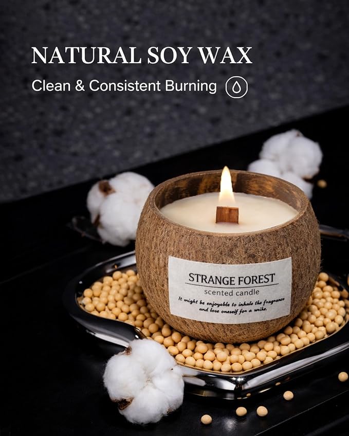 Enchanting Rose Coconut Shell Scented Candle for Home, Natural Soy Wax Wooden Wick Candle, Handmade Non Toxic Aromatherapy Candle Gifts for Women, 50 Hour Long Lasting Decorative Candles for Home