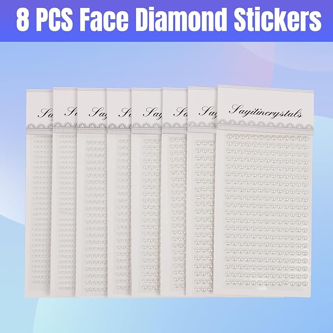 8 Sheets Rhinestone Stickers，3584 Pcs Gem Stickers for DIY Face Eyes Makeup Hair（Bead Pearl-3/4/5/6mm）