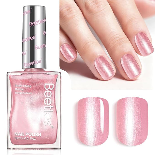 Beetles Pink Nail Polish - 15ML Quick Dry Nail Polish Romantic Reverie Pink Rose Pearl Nail Lacquer Shimmer Fingernail Polish Art Effect for Nail Salon-Quality