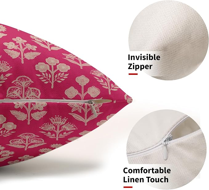 Hot Pink Pillow Covers 12x20 Inch Set of 2, Cream Floral Block Print Pattern Lumbar Decorative Throw Pillowcases Outdoor Farmhouse Rectangle Cushion Covers Spring Summer Sofa Couch Bed Decor